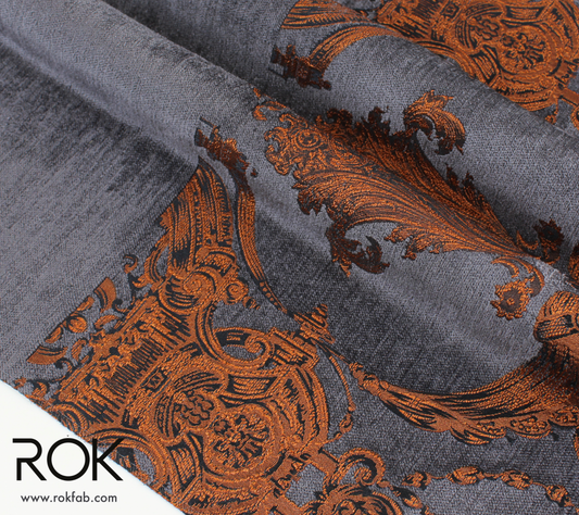 Gray and Copper Damask Chenille Jacquard Curtains, Border Design Drapery Panel, Custom Size, 6 Color Options, Elegant Living Room & Bedroom