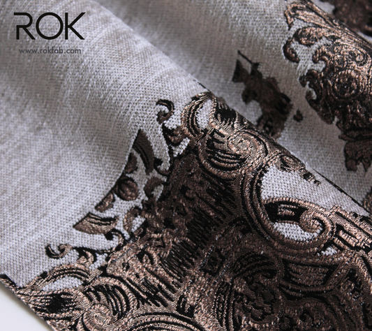 Silver Gray & Antique Copper Damask Chenille Jacquard Curtains, Luxury Border Drapery Panel, Custom Size Elegant Window Curtain