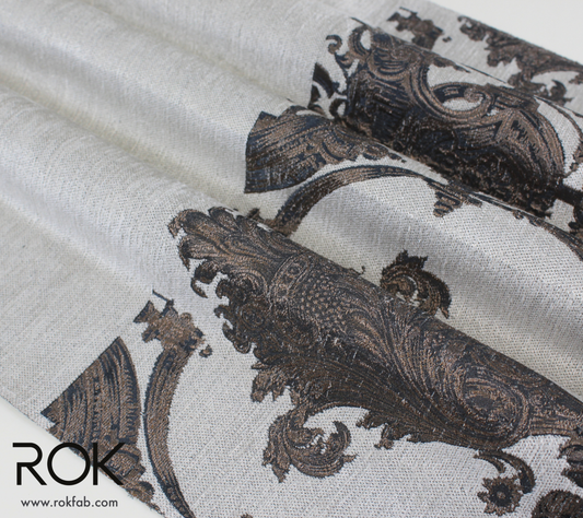 Off White & Antique Copper Damask Chenille Jacquard Curtains, Luxury Border Drapery Panel, Custom Size Elegant Window Curtain